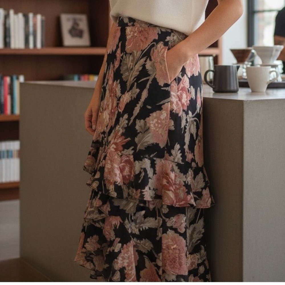 Chaps Pink and Cream Floral Navy Blue Maxi Pencil Skirt Size M Elastic Waist New
